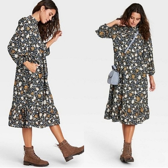 Universal Thread Navy Blue + Yellow Floral Prairie Cottage Core Dress Plus 3X - Picture 1 of 7